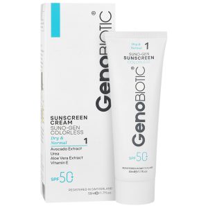 کرم ضد آفتاب ژنوبایوتیک پوست های خشک و معمولی SPF50 سانو ژن ( بی رنگ )